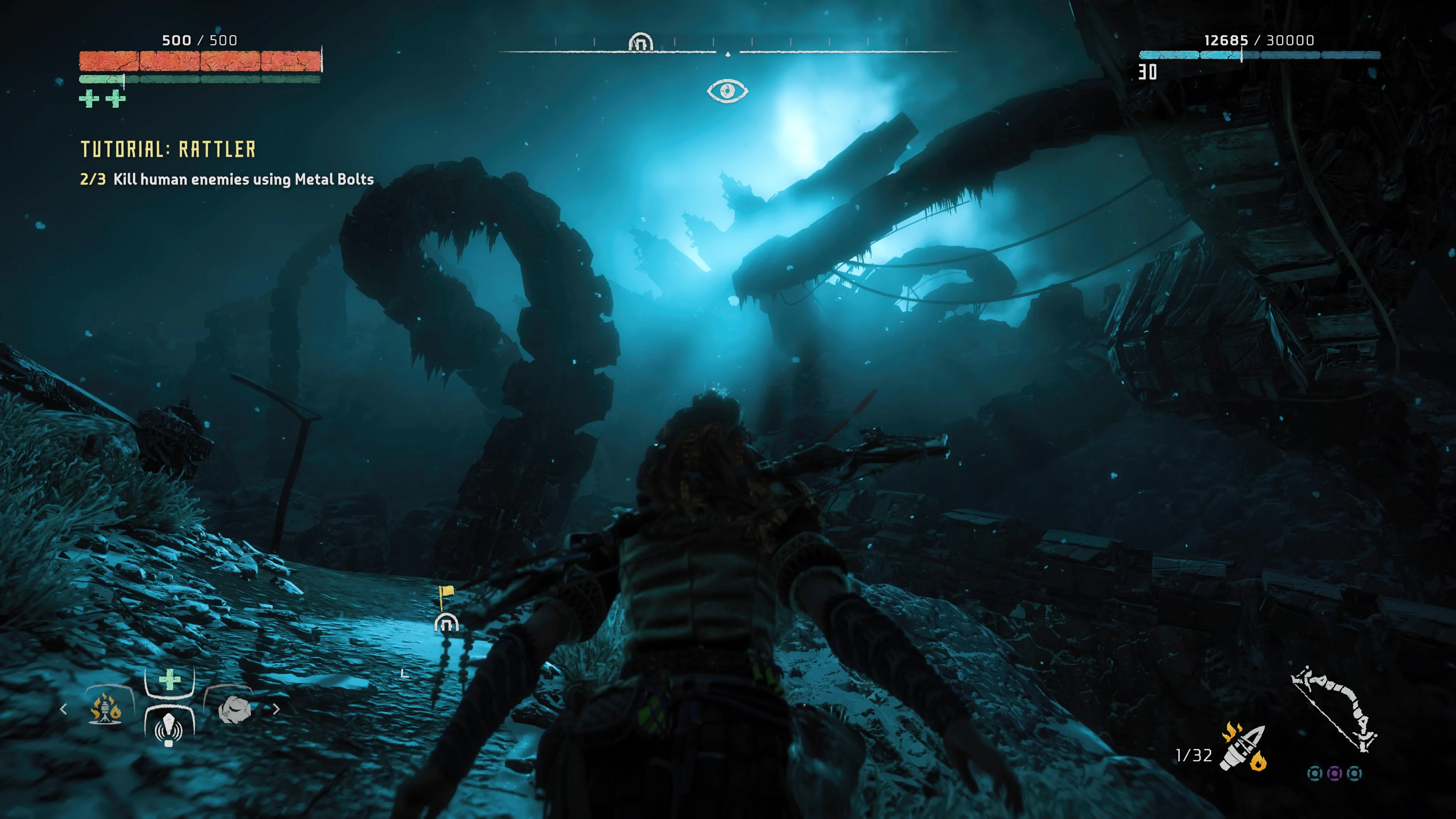 Some scenes of the game are ancient battlegrounds beneath giant, dead machines... or at least you hope they're dead.