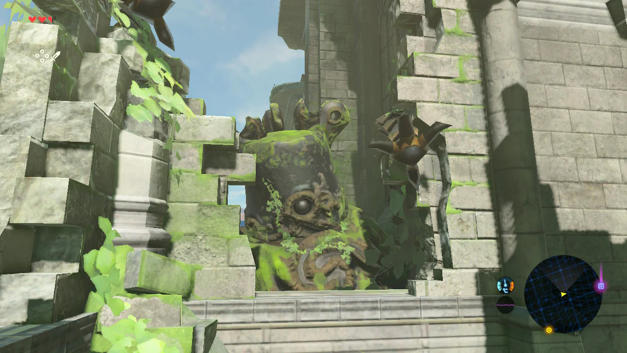 You quickly discover that something horrible seems to have happened a long time ago. These strange bell-shaped creatures with tentacle legs all seem to be frozen mid-rampage, breaking through walls in intimidating poses. The moss growing on them indicates that they haven't moved in a long time, but it all feels very unnerving.