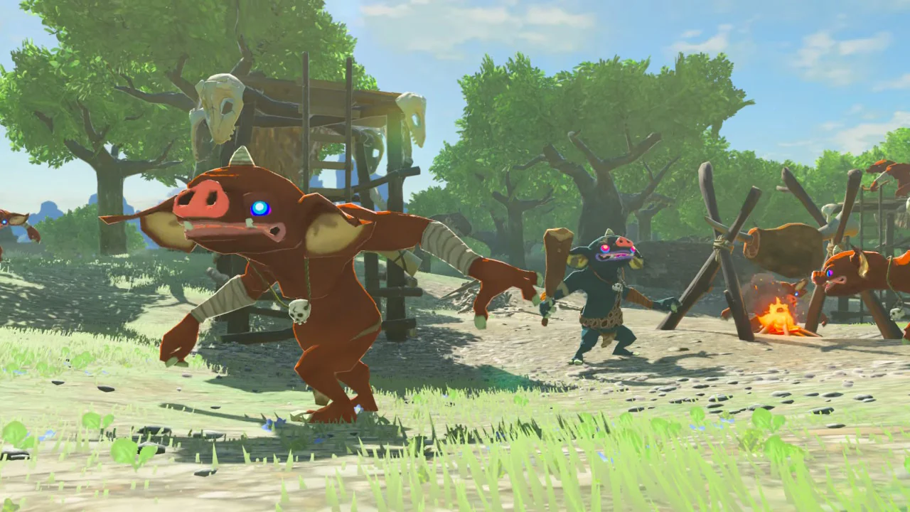 Bokoblins make their return in BotW as early-game antagonists. Rather than just hanging around at random as they did in past Zelda games, thought has been given to what they're actually _doing_ in BotW. So they have little camps where they will dance, cook and sleep.