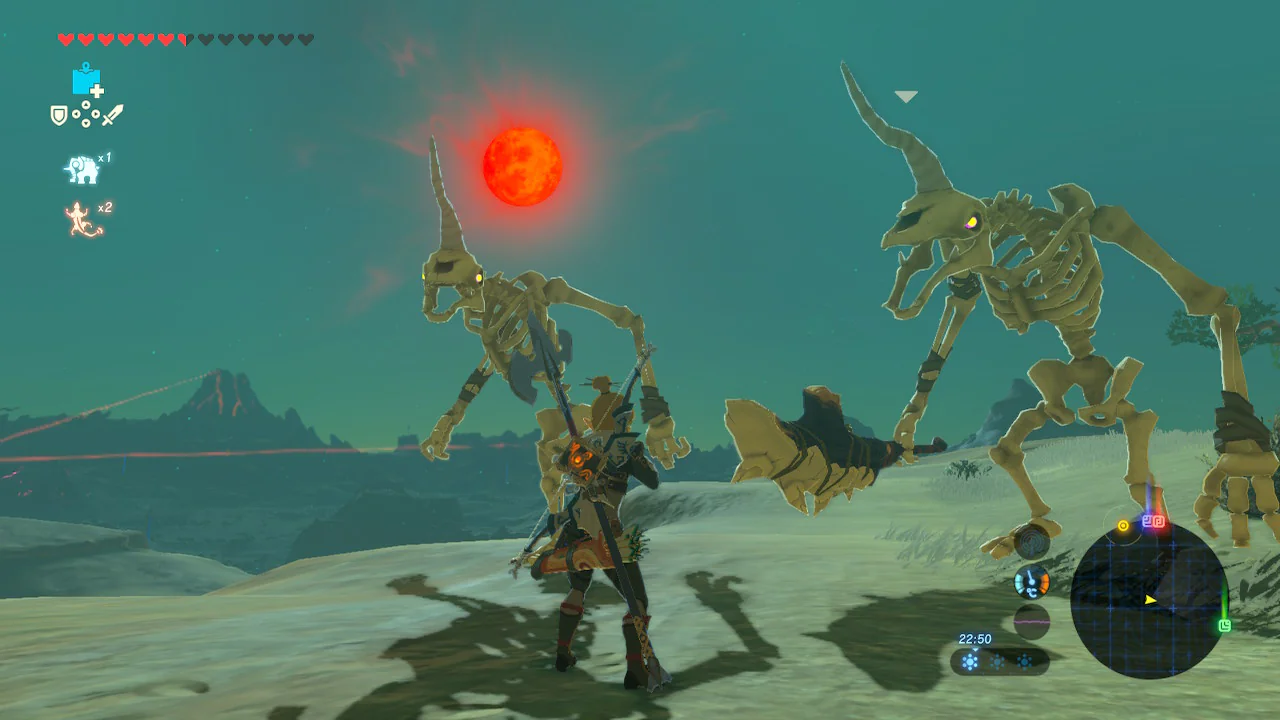 At night skeletal versions of the normal enemies can attack you. While they go down easier, their heads and bodies can operate independently, resulting in some amusing situations and an additional challenge.