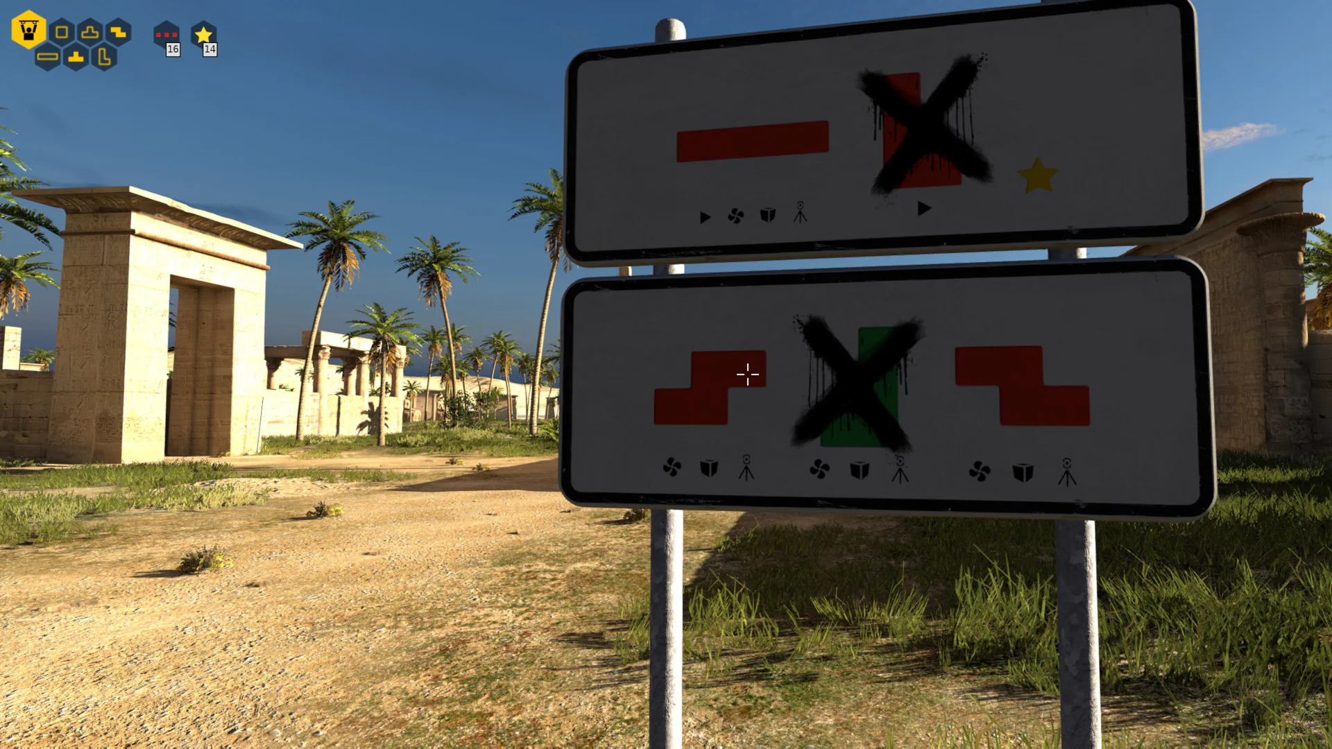 When you collect a puzzle piece they're crossed out on these signs in the world.