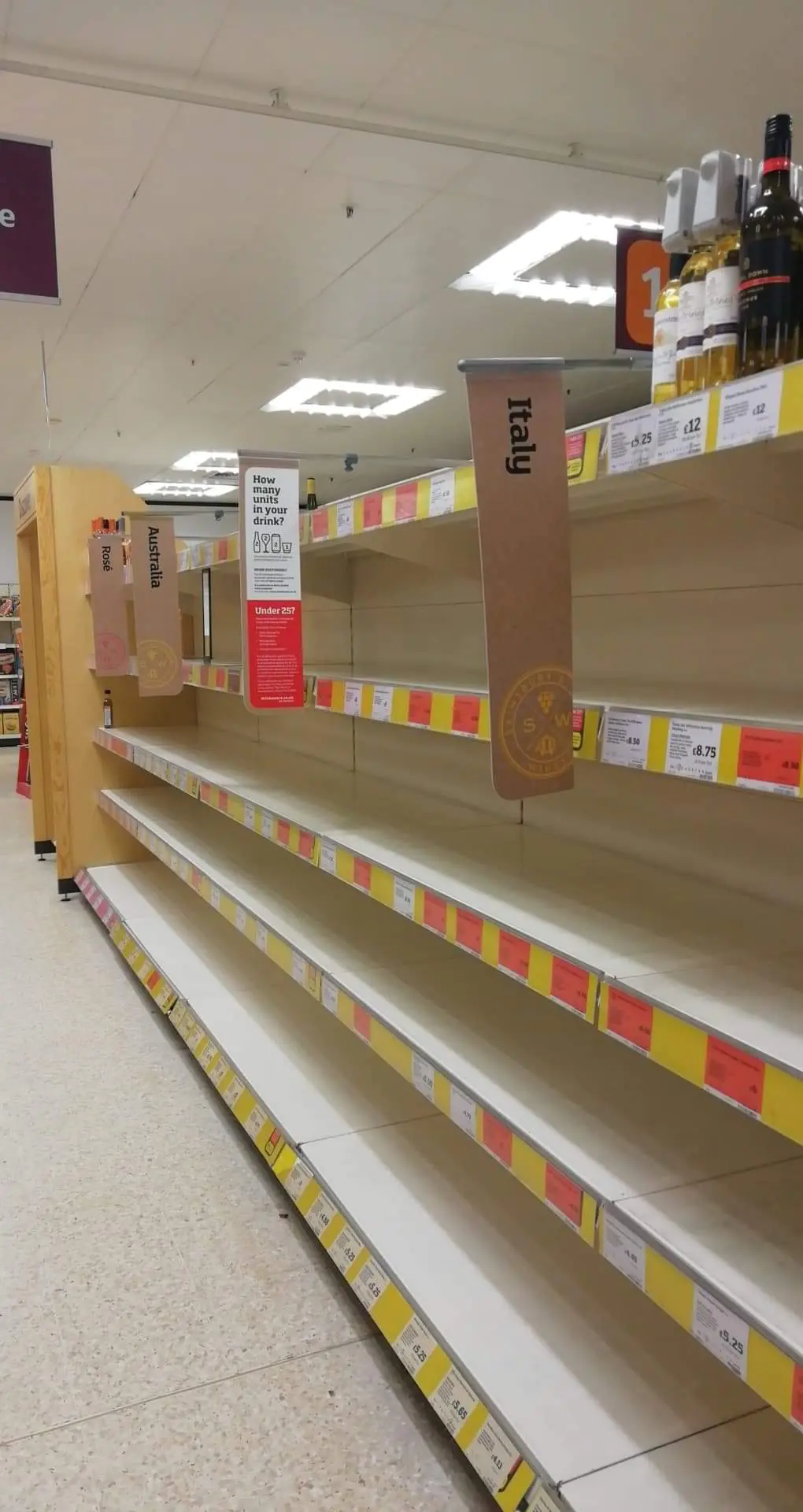 These pictures were taken of the wine aisle in a Sainsburys shortly after a rumour that there might be an alchohol shortage.