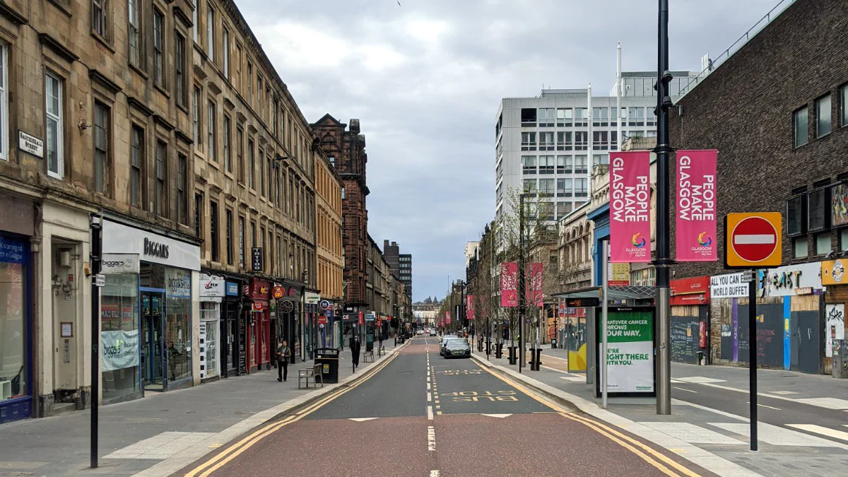 Looking down Sauchiehall Street towards Charring Cross. 'People Make Glasgow' has been part of the official branding for the City of Glasgow since 2013.