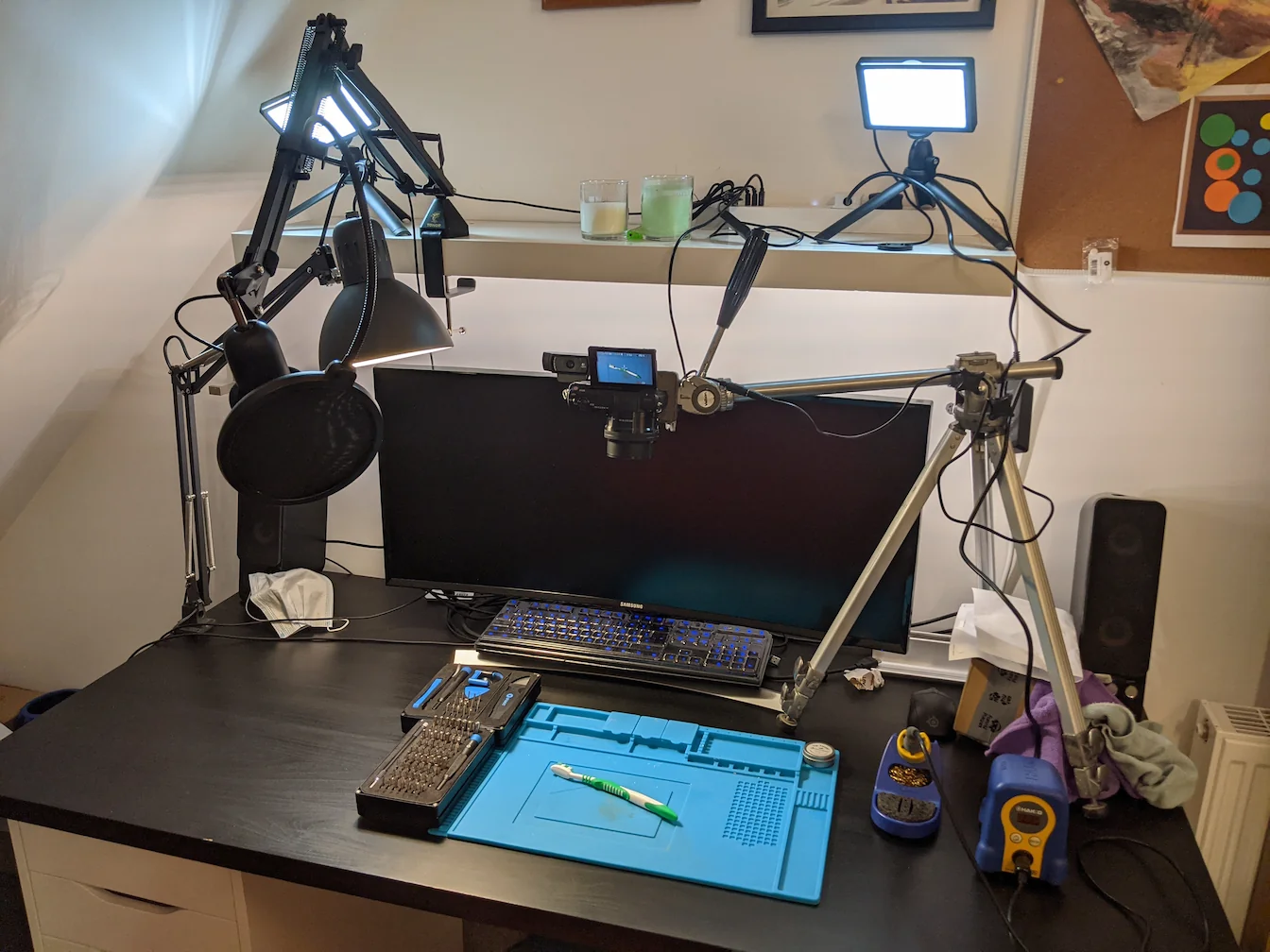 After switching to the Sony camera, I used a tripod to get a better camera position, and used two LED lamps to light the area at an angle to reduce reflections. This setup worked but was very cramped, and mid-stream camera adjustments were very difficult.