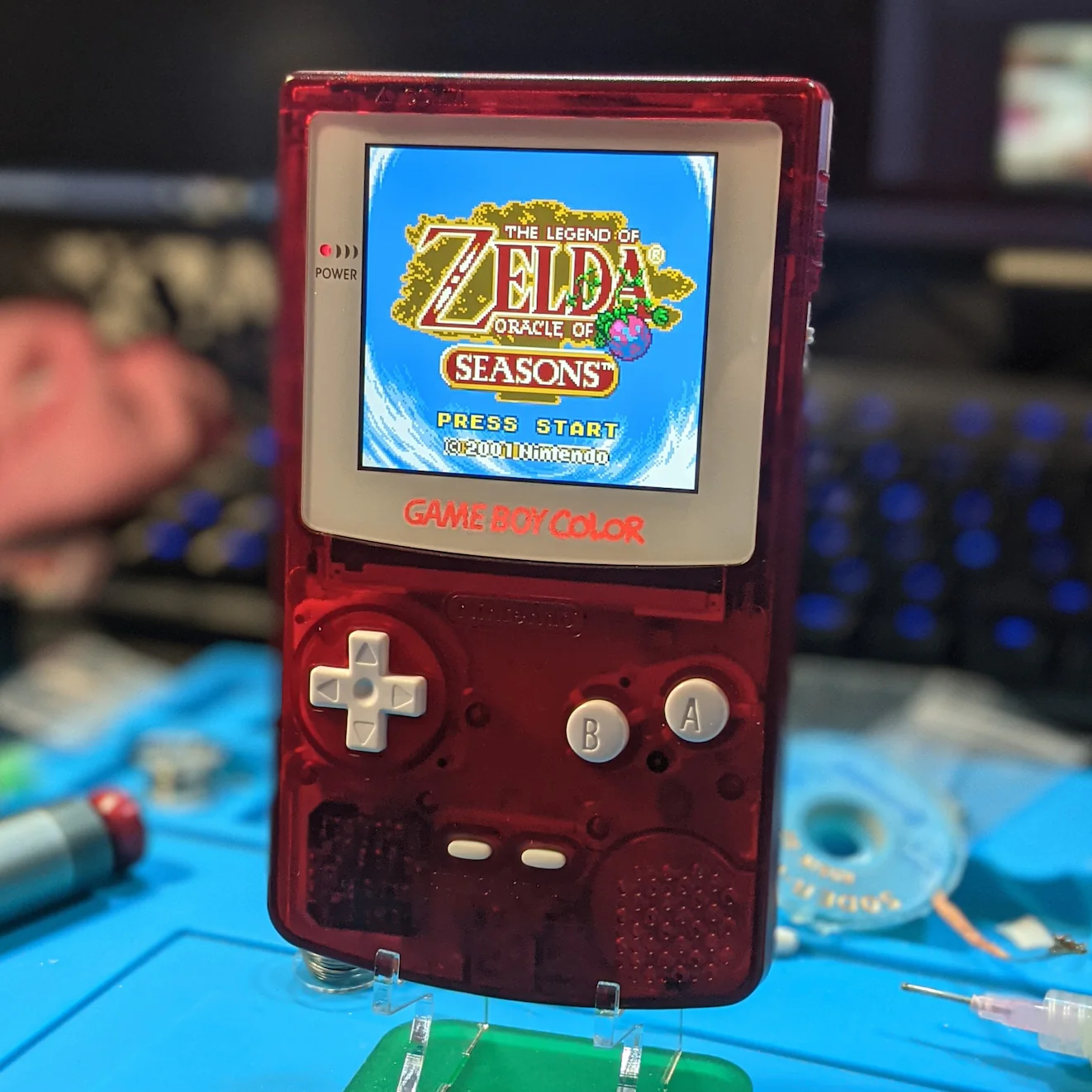 My custom-built GameBoy Color. Laminated IPS display from FunnyPlaying, custom shell, buttons and clean amp mod.