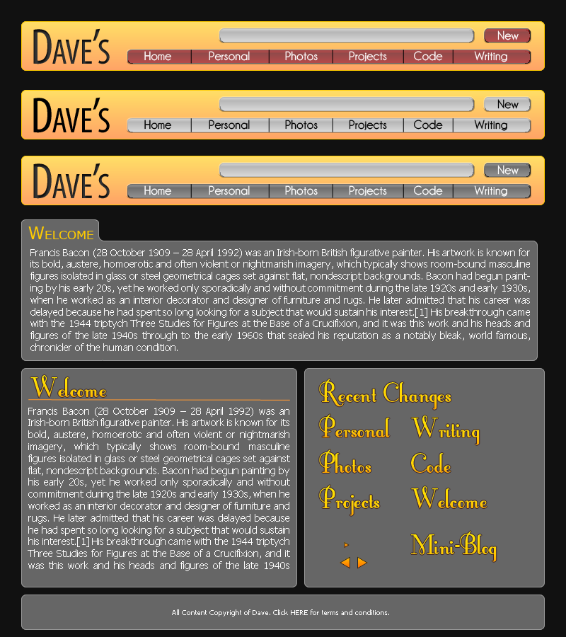 The original website design, extracted from an ancient `.psd` file. The different header bar colours were intended for mouse-over effects which would use CSS's `hover` ability to swap out the image, which felt like a cutting-edge trick at the time. There's also a search bar, which was actually a later revision. I can't seem to find the much simpler design that this was based on.