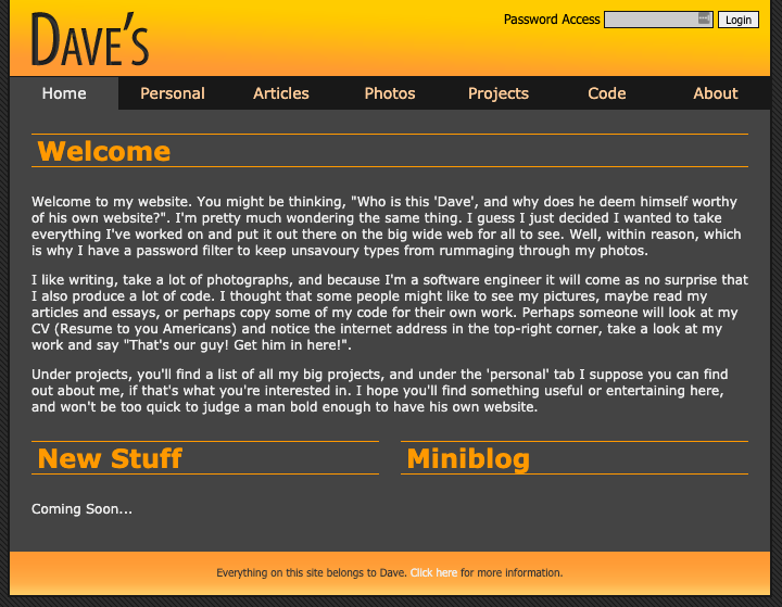 This is the last PHP version of the website. It was cramped, but I considered it 'clean'. The welcoming blurb here is mostly nonsense, a placeholder to be replaced when it was all done. The 'miniblog' was a custom attempt to make something twitter-like.