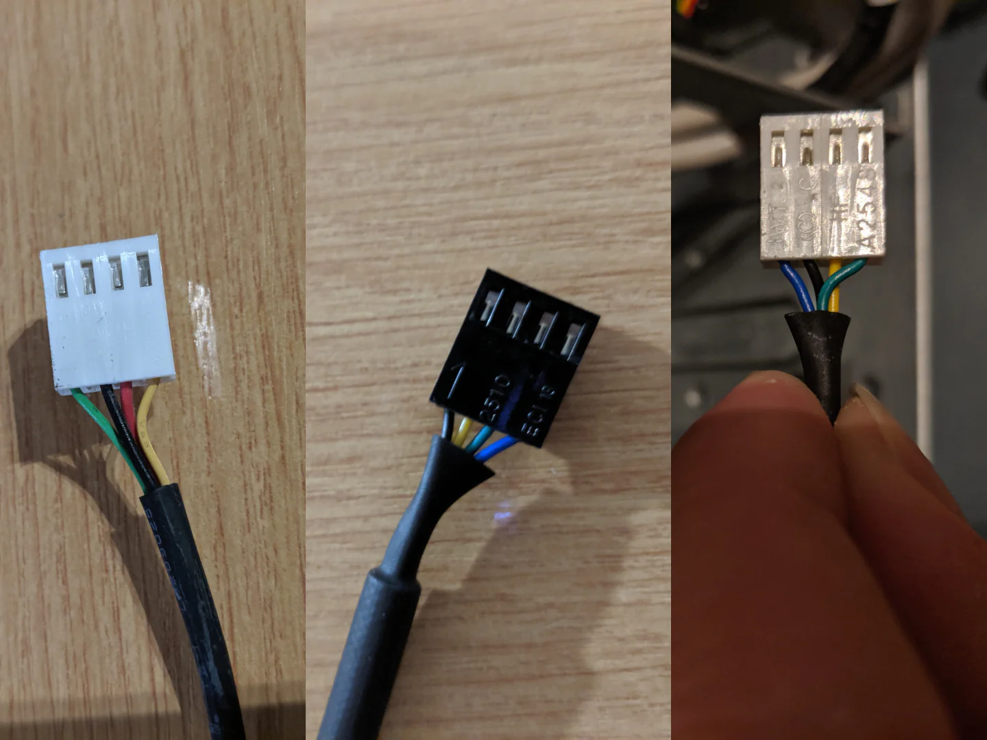 Showing the pinout change required to adapt the Noctua fan to work with the HP pinout.Left is original HP fan, middle is original Noctua, and right shows the Noctua with the original HP connector installed. All the pins are basically shifted right with the right-most cable moved to the left.